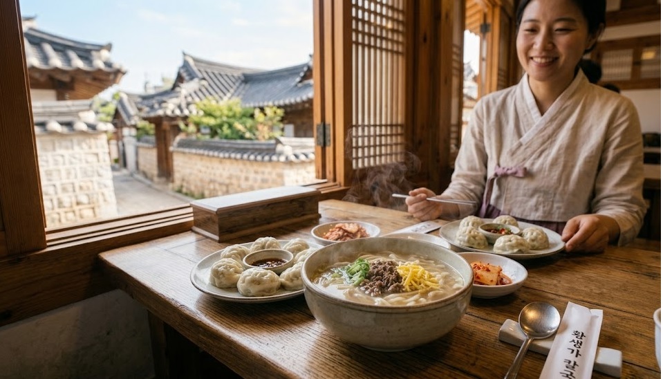 A high-quality, realistic photo of a Korean meal on a wooden table. A steaming bowl of Kalguksu and a plate of dumplings are set in front of a smiling woman in Hanbok. Outside the wooden window, traditional Hanok roofs and stone walls are visible in bright daylight.