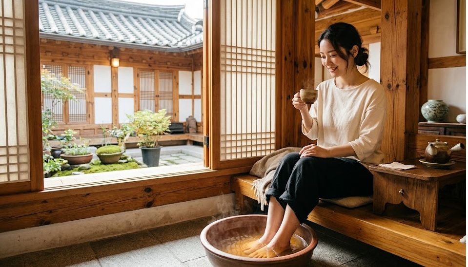 A high-quality, realistic photo set inside a cozy Hanok teahouse, Solgaheon. A relaxed woman sits on a wooden bench, submerging her feet in a steaming wooden basin. She holds a ceramic cup of Ssanghwa-cha, smiling gently. Through the open traditional paper-screen window, a peaceful internal courtyard with tiled roofs and green plants is visible under bright afternoon daylight.