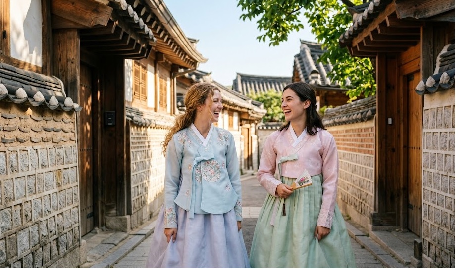 Two young, smiling foreign women in traditional Korean Hanbok (one in pink, one in light blue) walking together along a narrow, historic stone wall alleyway in Bukchon Hanok Village, Seoul, under warm daylight. They are looking at each other, laughing genuinely. The background features authentic traditional Korean wooden houses and ceramic pots (jangdok).