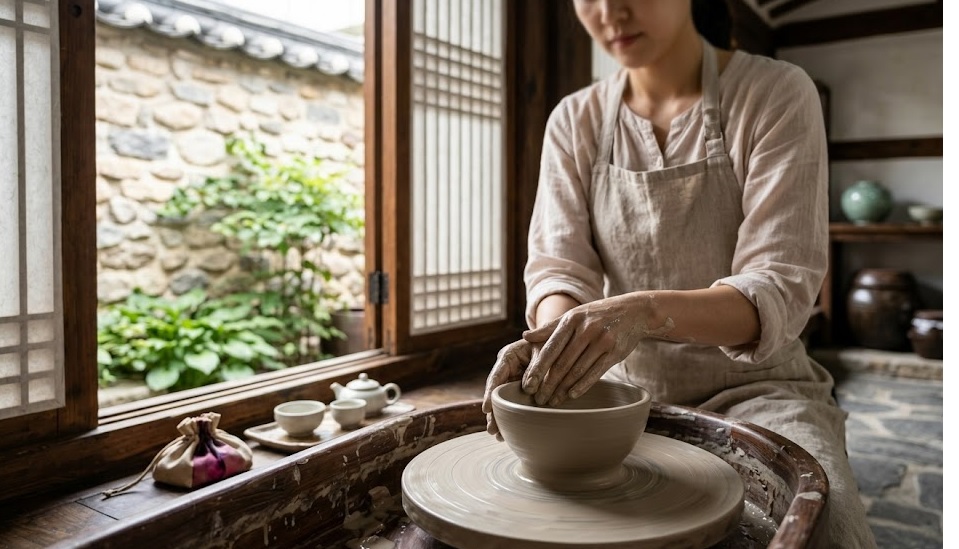 A high-quality, realistic close-up photo of a woman's delicate hands shaping raw clay on a pottery wheel inside a peaceful Hanok studio. The moist texture of the clay and the warm, wooden environment with soft natural sunlight create a calming and artistic atmosphere.