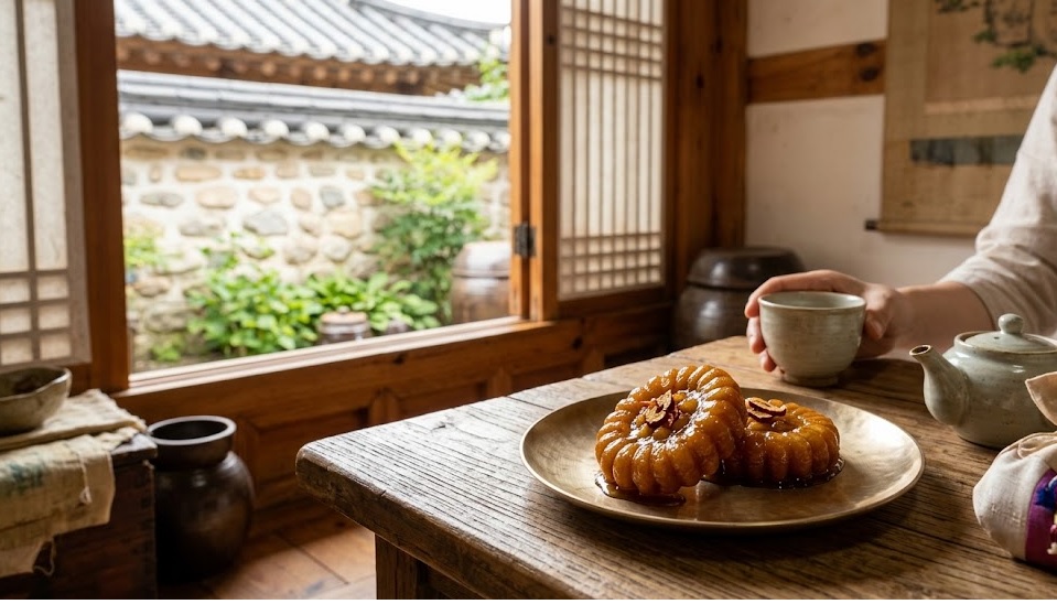 A high-quality photo focusing on two glossy Gaeseong Juak (sweet glutinous rice snacks with ginger syrup) on a delicate brass plate. Set on a wooden table inside a charming Hanok teahouse, illuminated by soft natural sunlight with traditional ceramics and green courtyard glimpses in the background.
