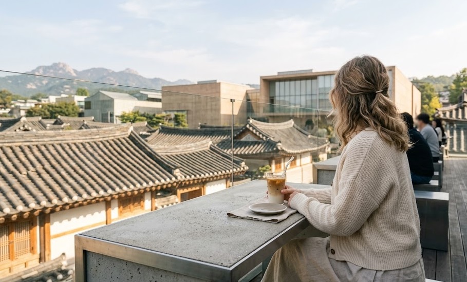 A view from a stylish rooftop cafe in Samcheong-dong, showing traditional Hanok roofs blending with modern gallery architecture under a bright sky.