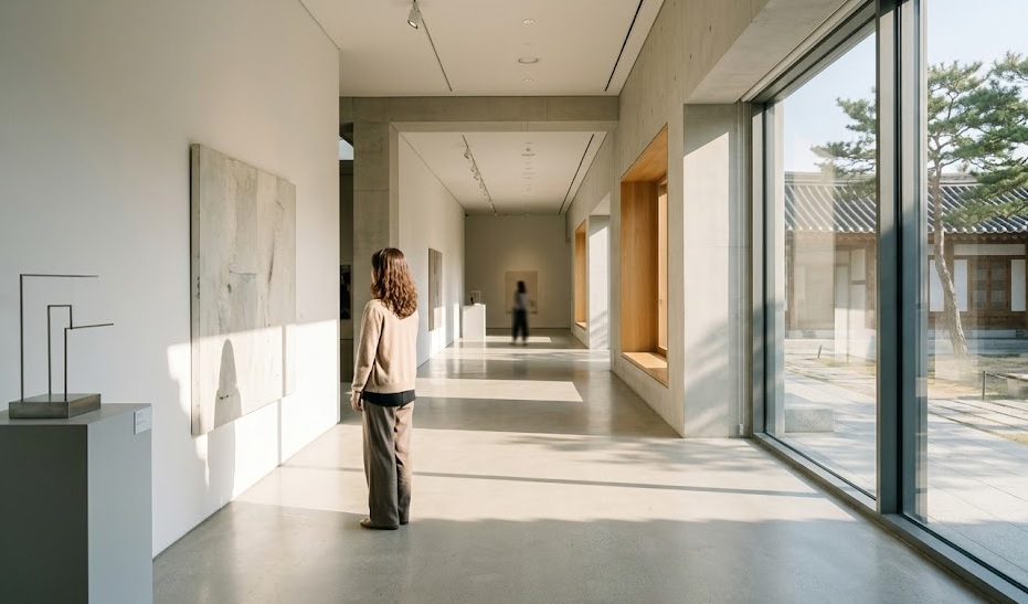 The bright and spacious interior of MMCA Seoul, with warm natural light falling on smooth surfaces and modern art displays.