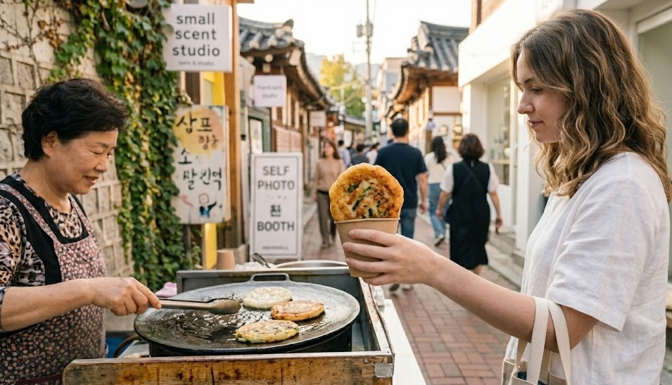 A golden-brown vegetable hotteok from a famous Samcheong-dong street stall, held in a paper cup against a colorful alley background.