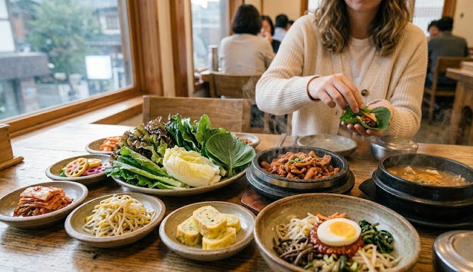 A rich Korean Ssambap table set with various fresh green vegetables, savory Bulgogi, and colorful side dishes in small bowls.