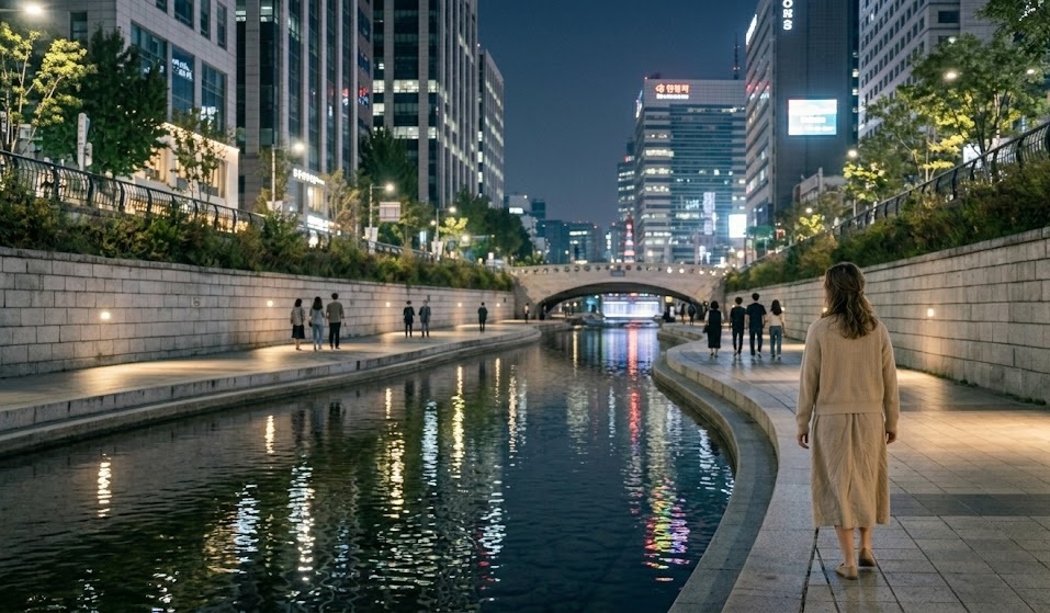 A sharp and naturally lit night photograph of Cheonggyecheon Stream in Seoul, with the water reflections and city lights in crystal-clear focus.