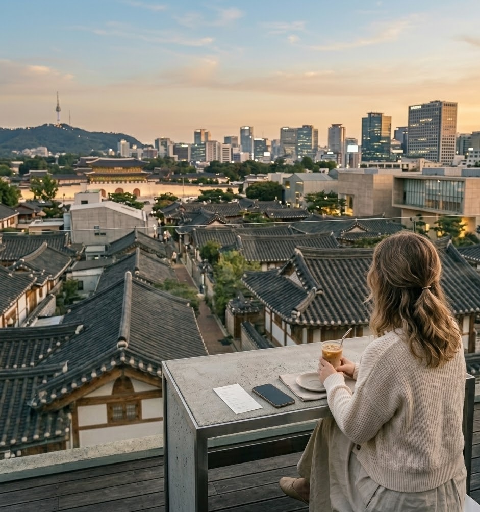 A peaceful photograph from a Samcheong-dong rooftop, where traditional Hanok roofs and modern buildings meet under a soft golden sunset with a quiet traveler.