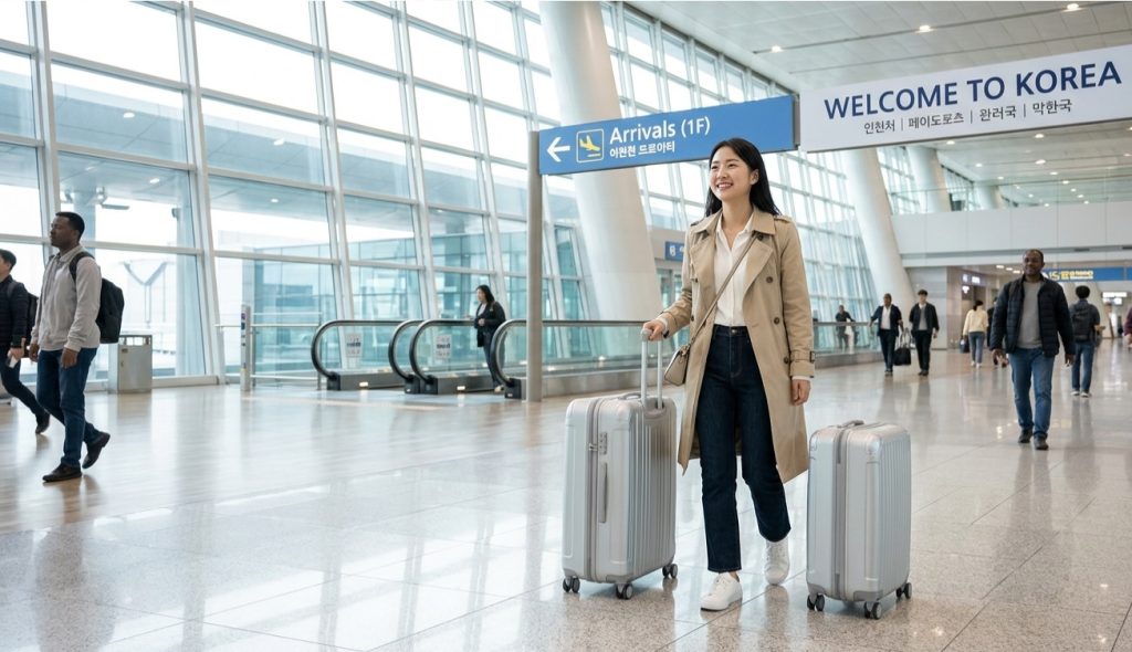 A welcoming and bright view of the Incheon International Airport arrivals hall.
