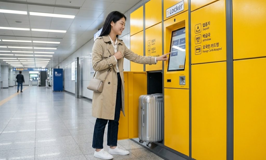 A neat and modern T-Locker station at a Seoul subway stop.