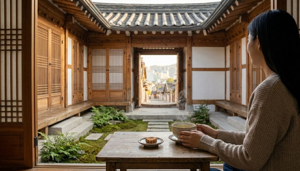 A steaming cup of traditional Korean tea on a wooden table in a quiet garden.
