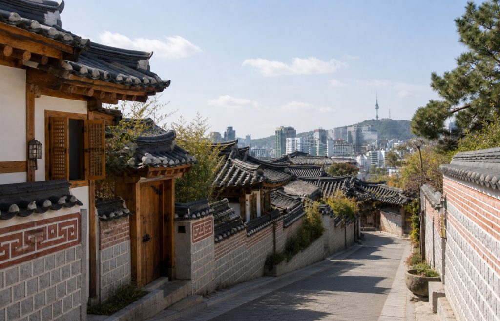 Traditional Korean tiled roofs of Bukchon Hanok Village with the city skyline behind.